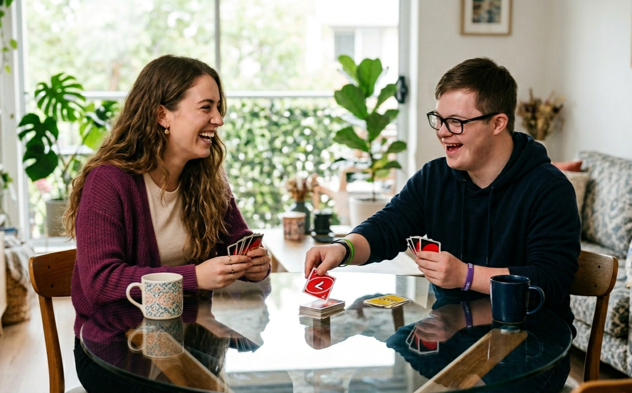 A support worker and participant enjoying a card game together at home, laughing and connecting.